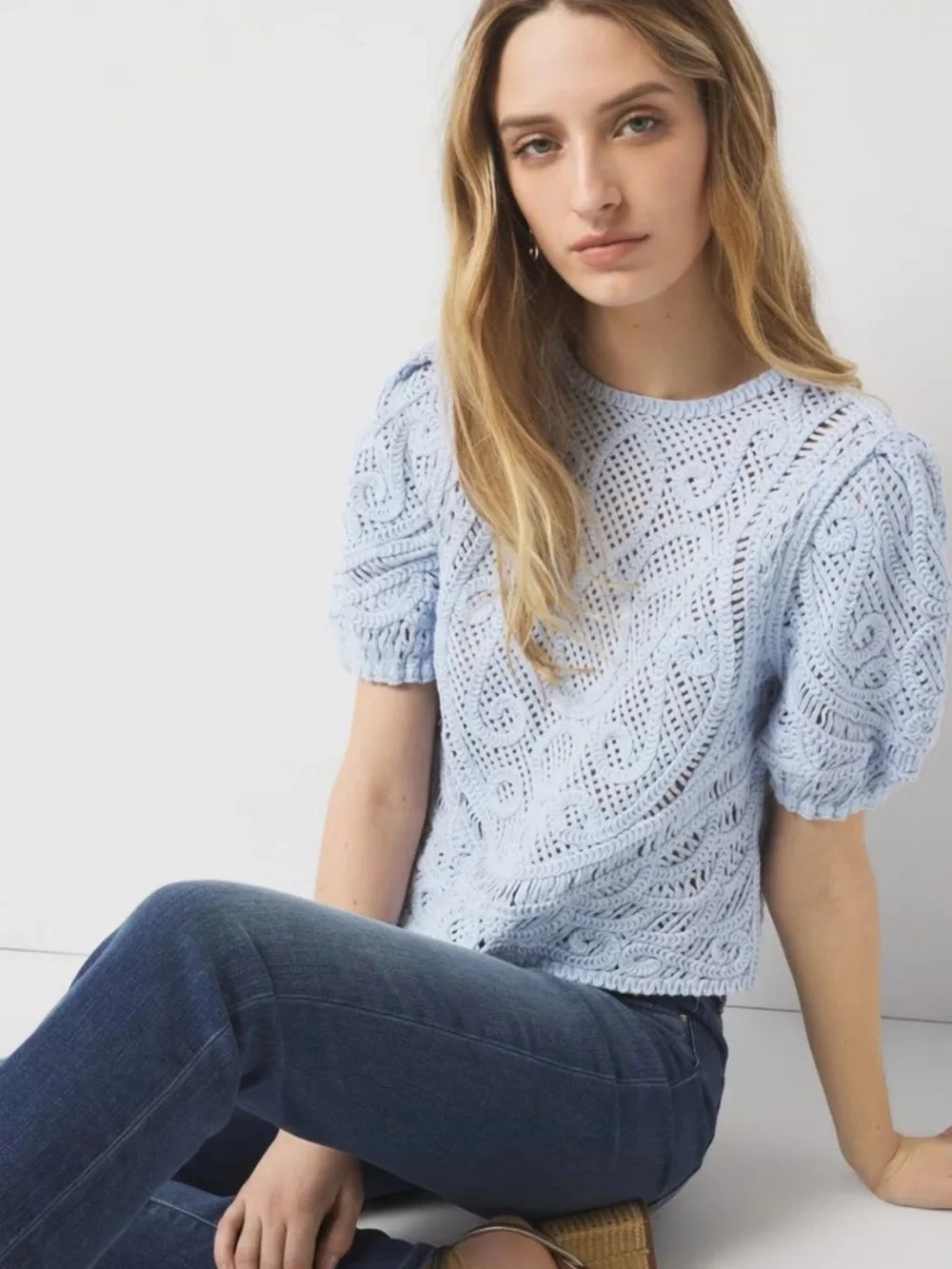 WHBM White House Black Market Blue Crochet Top Puff Sleeve Open Knit Cottagecore - Picture 4 of 14